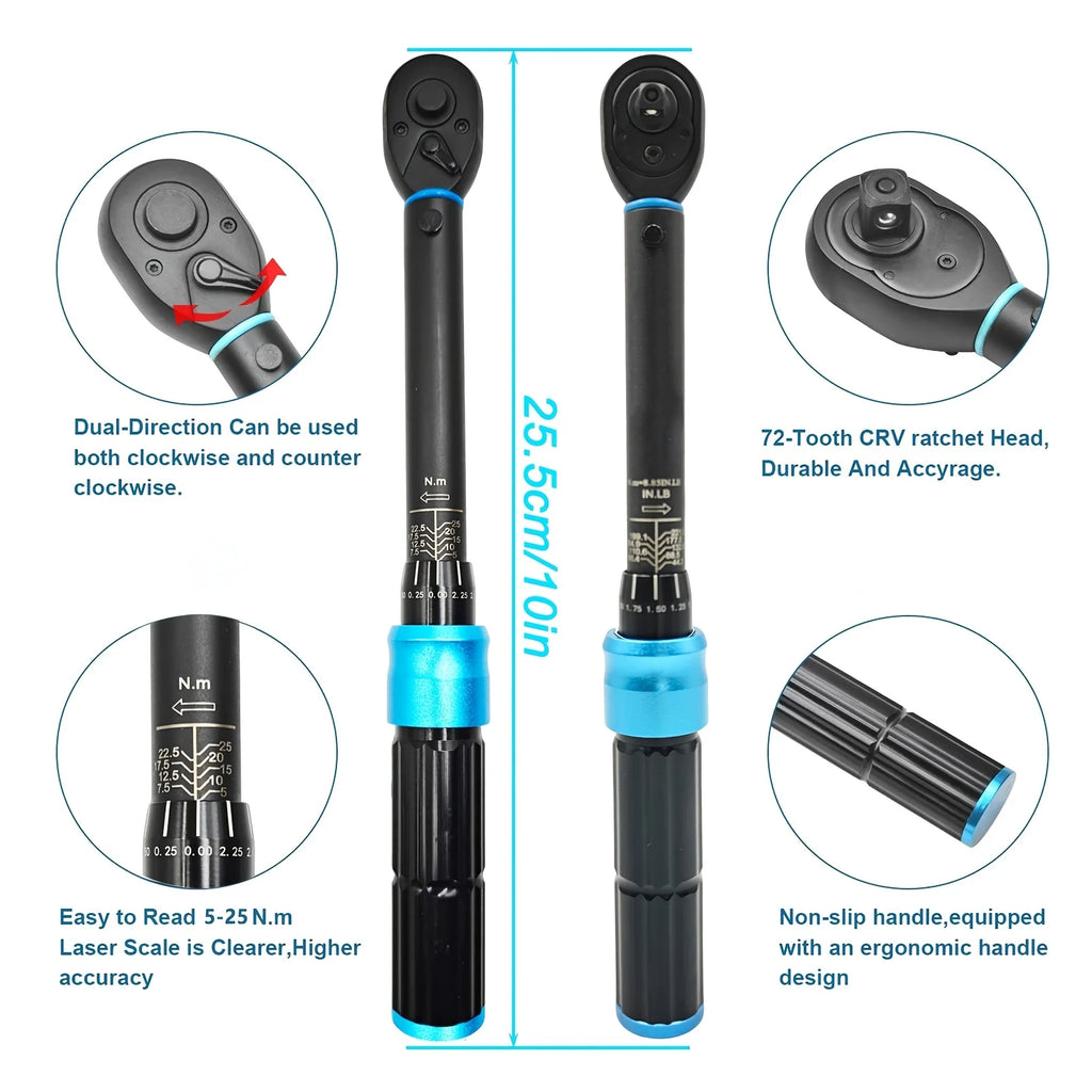 1/4' Drive 72-Tooth Dual-Direction Torque Wrench, 5-25 Nm/ 44-221 In-Lb Precision Click Tool for Mechanics & Bicycle Maintenance Zpaxo