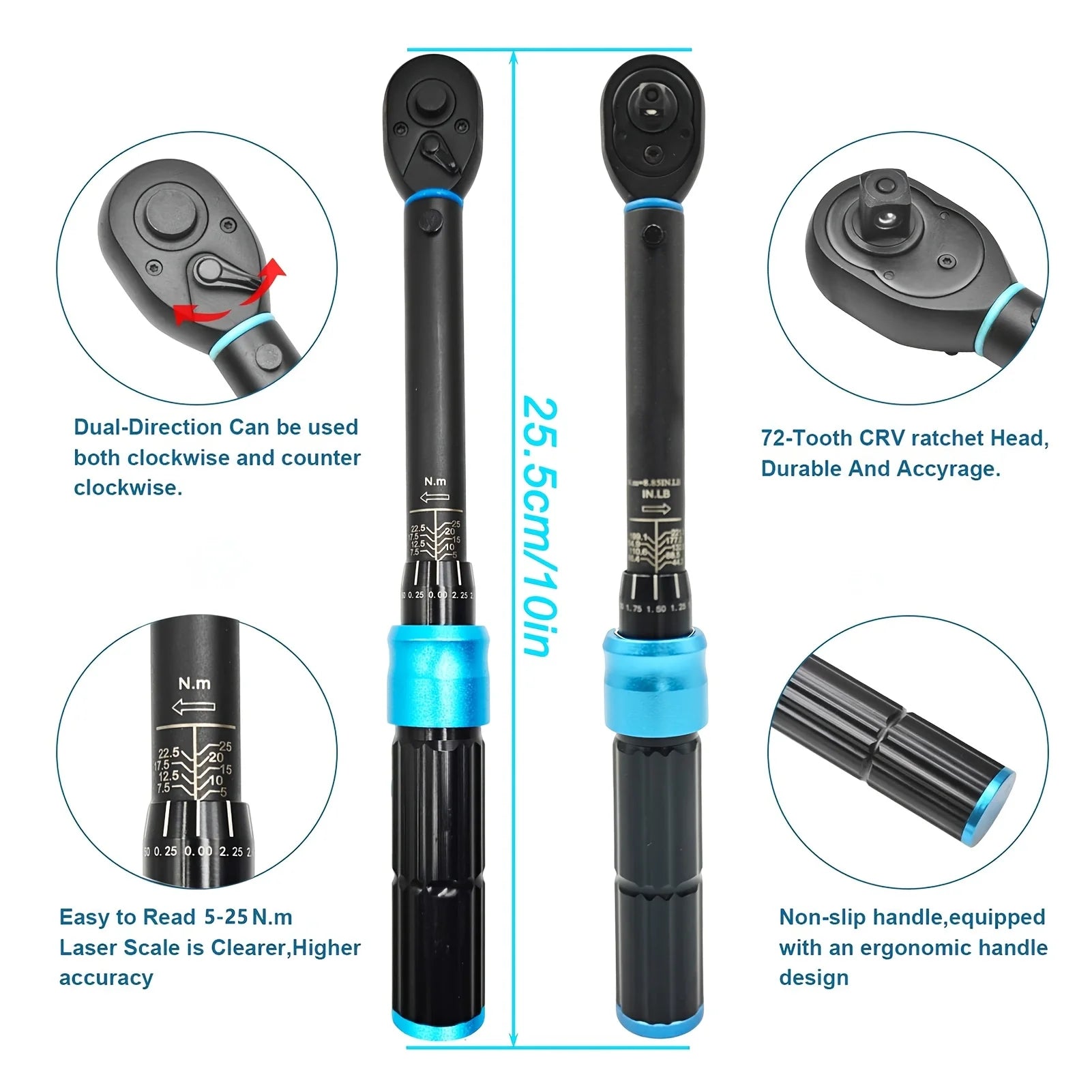 1/4' Drive 72-Tooth Dual-Direction Torque Wrench, 5-25 Nm/ 44-221 In-Lb Precision Click Tool for Mechanics & Bicycle Maintenance Zpaxo