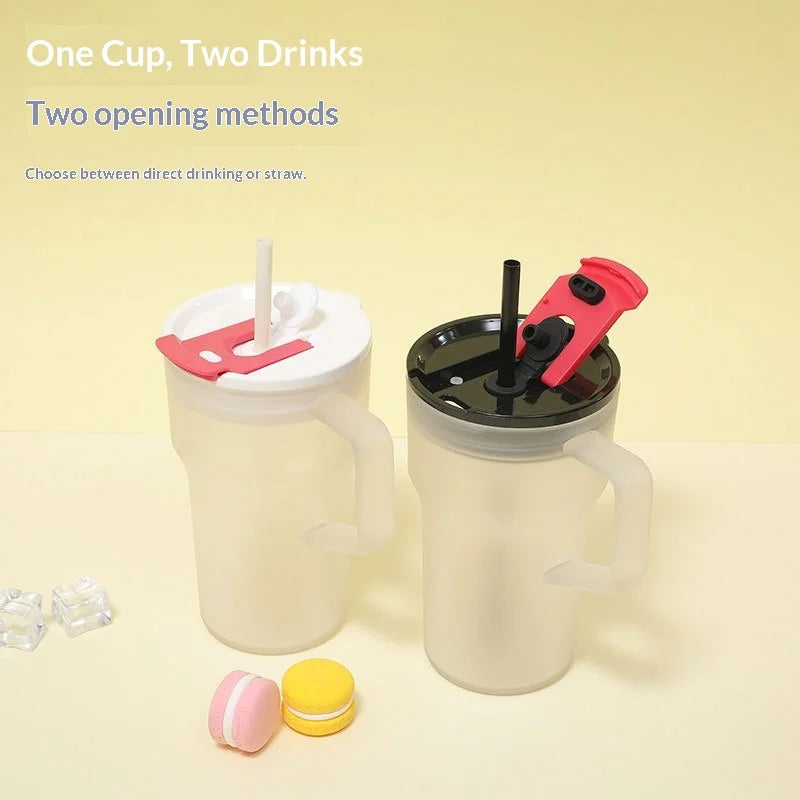 680ML Student Summer Frosted Tea Cup, Korean Style Large Capacity Handle Plastic Double Drinking Straw Cup, Ice King Water Cup Zpaxo