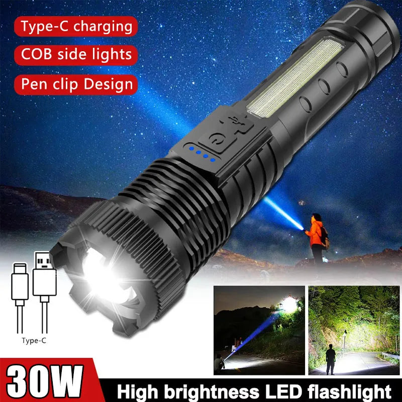 KDULIT 2000LM LED Tactical Flashlight – Type-C Rechargeable Zoom