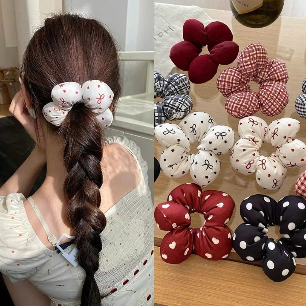 Cute Filled Cotton Flower Scrunchie Oversized Elastic Plaid Hair Zpaxo
