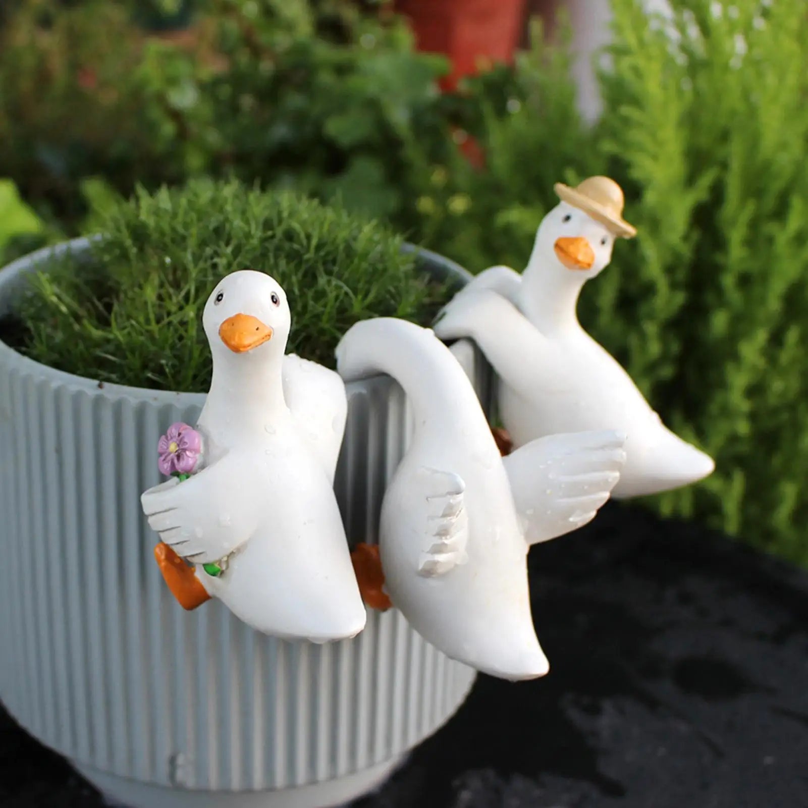 Duck Plant Pot Decors 3 Resin Cute Funny Figurines Ornaments Flower