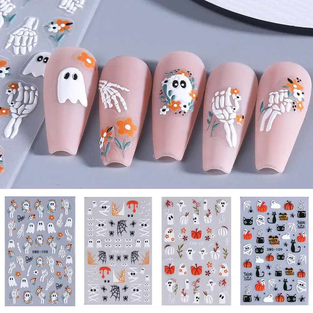 1pcs Halloween Nail Stickers Pumpkin Ghost Spider Skull Design Cute Adhesive Slider Decals DIY Manicure Decor Zpaxo