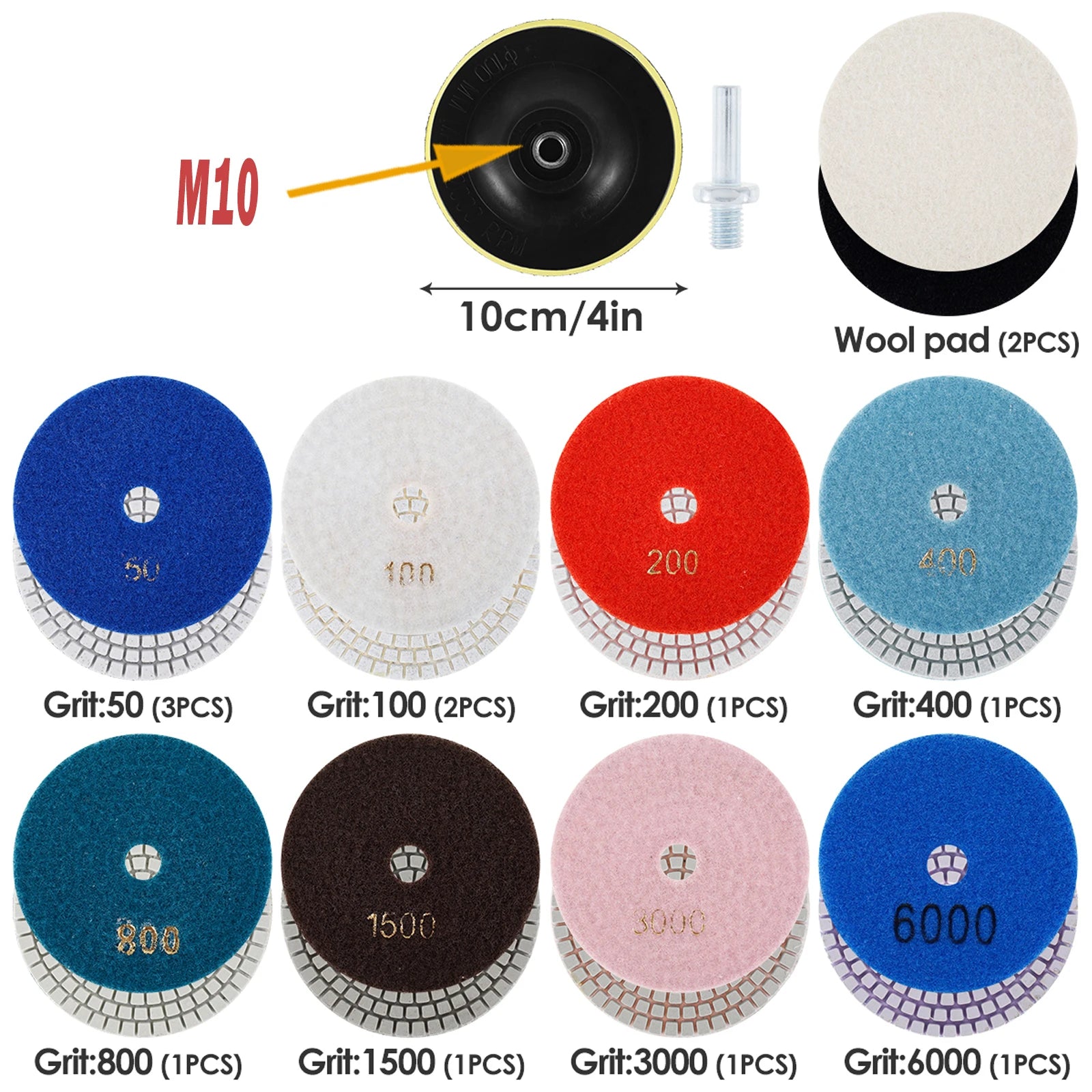 10-16pcs 4 inch Diamond Polishing Pads Kit Wet/Dry Buff Disc Abrasive Grinding Discs Set for Granite Concrete Glass Polishing Zpaxo 11PCS 50-6000 4 inches multi-tool