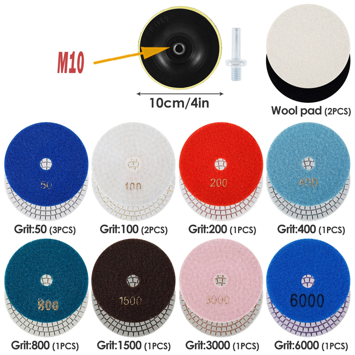 10-16pcs 4 inch Diamond Polishing Pads Kit Wet/Dry Buff Disc Abrasive Grinding Discs Set for Granite Concrete Glass Polishing Zpaxo 11PCS 50-6000 4 inches multi-tool