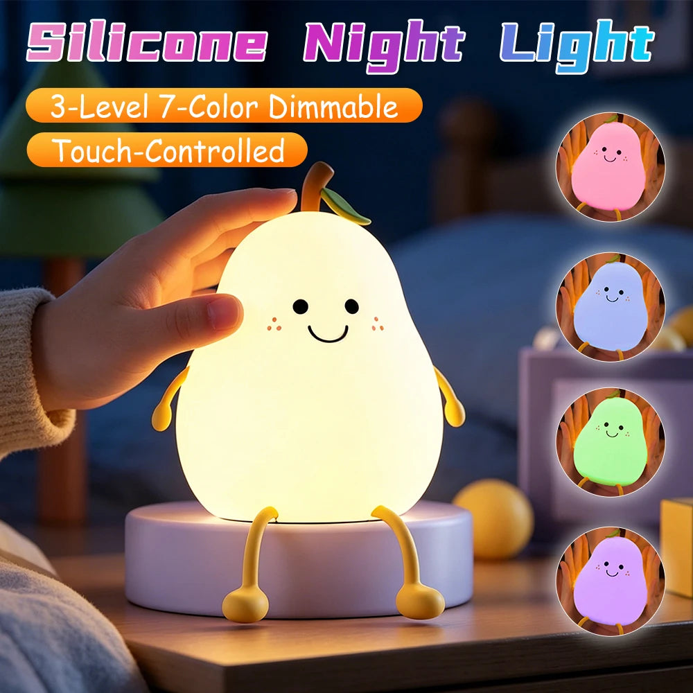 Cute Pear Night Light 7-Color Dimmable Touch-controlled Silicone