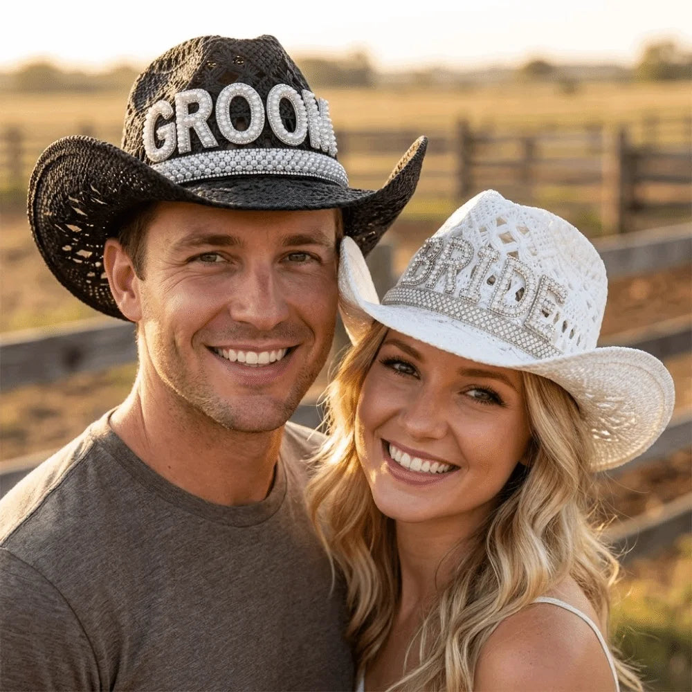 Rhinestone Letter Bride Groom Cowboy Hat Hollow Wide Brim Cowgirl Hat Crochet Western Cowboy Hat For Wedding Bachelorette Party Zpaxo
