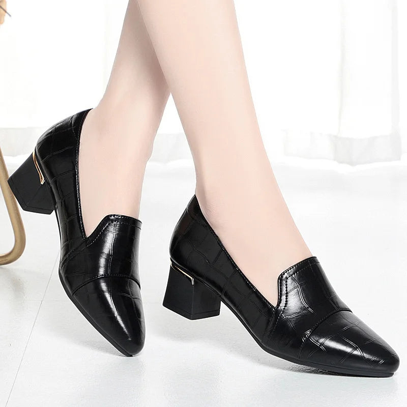 Mom Shoes Spring Autumn Women's Leather Thick Heels Work Comfortable Zpaxo BNQ9110 Black 4.5cm 39 China Mainland