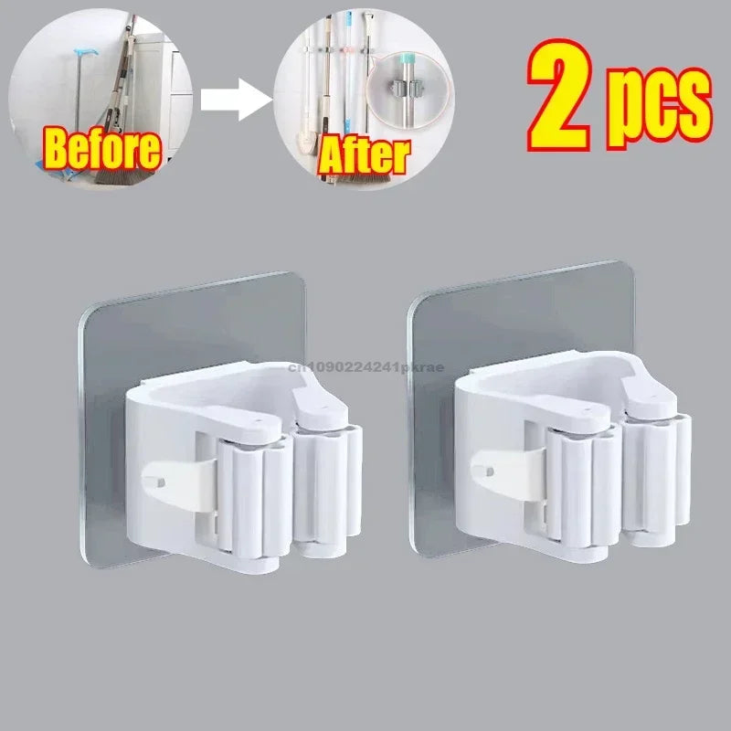 Household Bathroom Non Perforated Mop Holder, Broom Holder, and Card Holder Self-adhesive Mop Holder Kitchen Accessories Zpaxo 2pcs-White