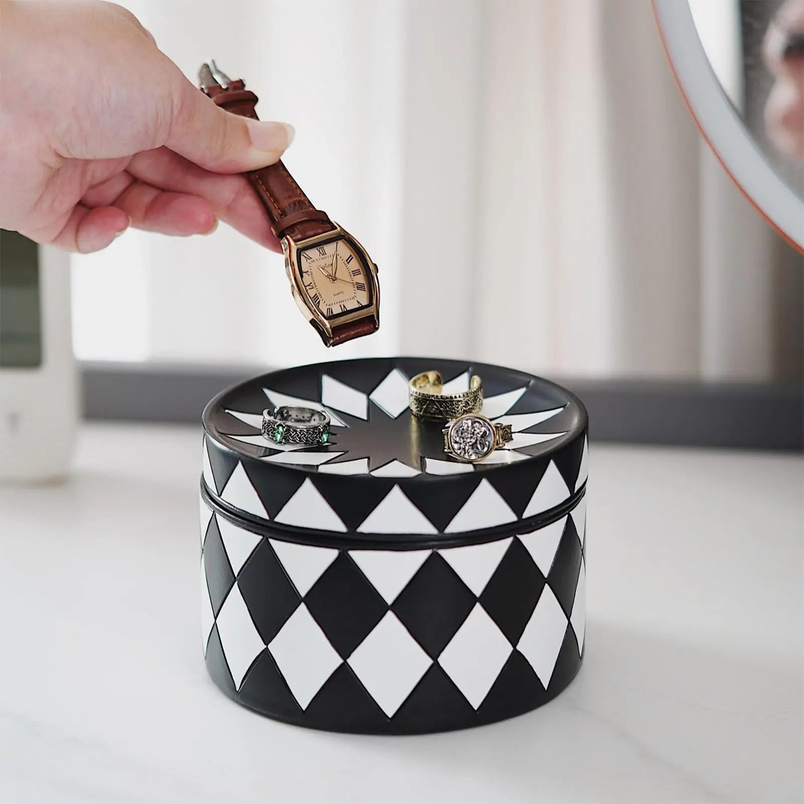 Decorative Jewelry Box Display Tray Lid Black White Checkered