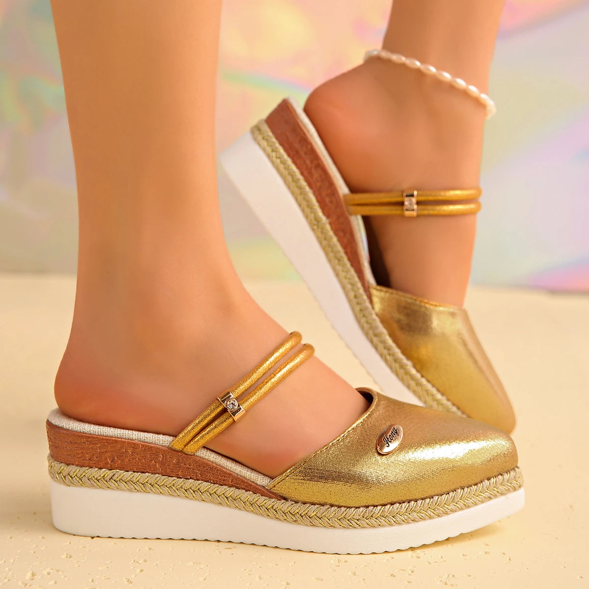 Women Sandals Rope Bottom Thick Bottom Ladies Shoes Fashionable Summer Shoes Large Size Pointed Toe Wedge Heel Sandals Women Zpaxo champagne color 40