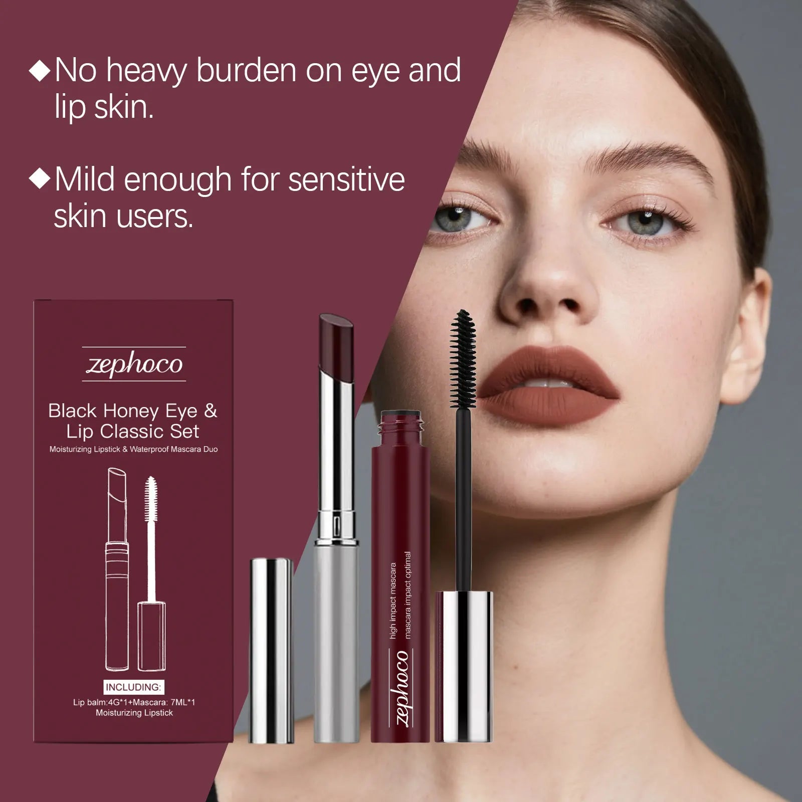 Anti-Fading Black Honey Eye & Lip Classic Set Moisturizing Glossy Plumping Lips Lipstick Eyelashes Curling Makeup Cosmetic Tool Zpaxo