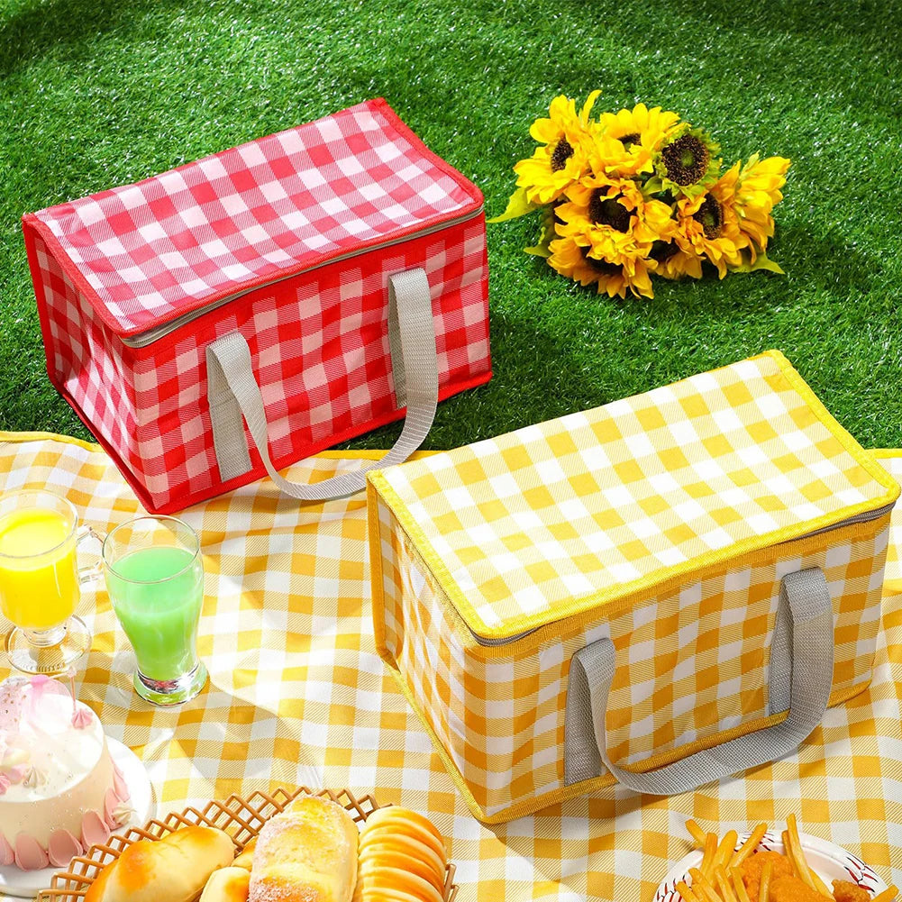 Insulated Picnic Bag Dual Zippers Camping Lunch Waterproof Plaid Tote
