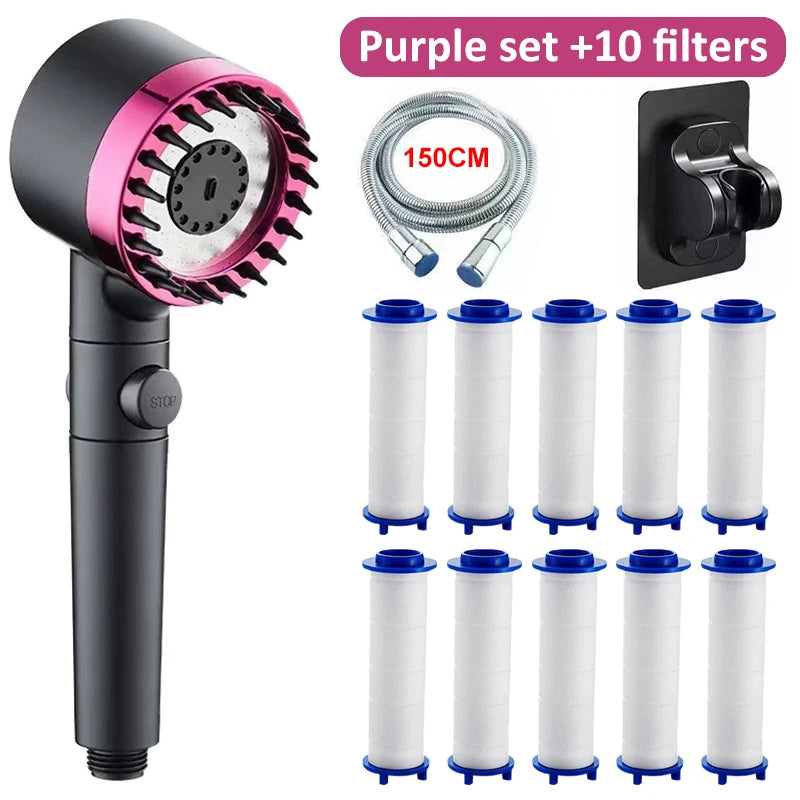 High-pressure Massage Shower Head 4 Modes Rain One-touch Stop Filter Zpaxo Purple Set 10 Filter