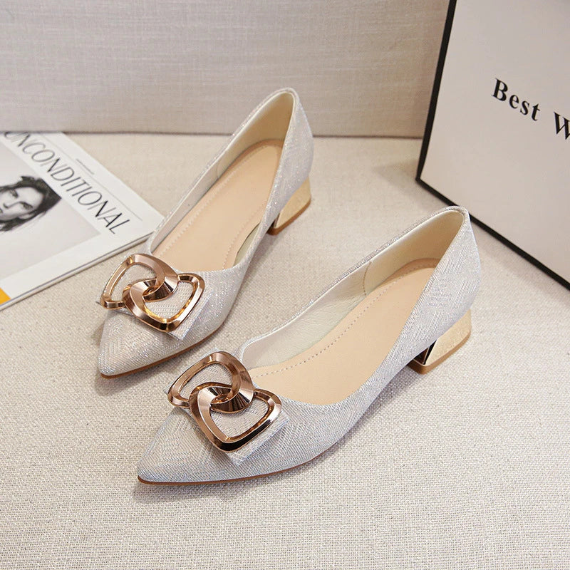 Womens Metal Square Buckle Mid Heel Pumps Chunky Pointed Toe Soft Zpaxo