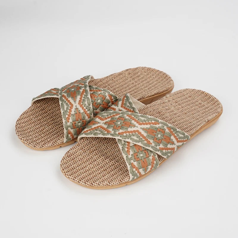 SHAJI Summer Women's Linen Slippers Home Lightweight Indoor Non-slip Zpaxo 2502 Green 42-43