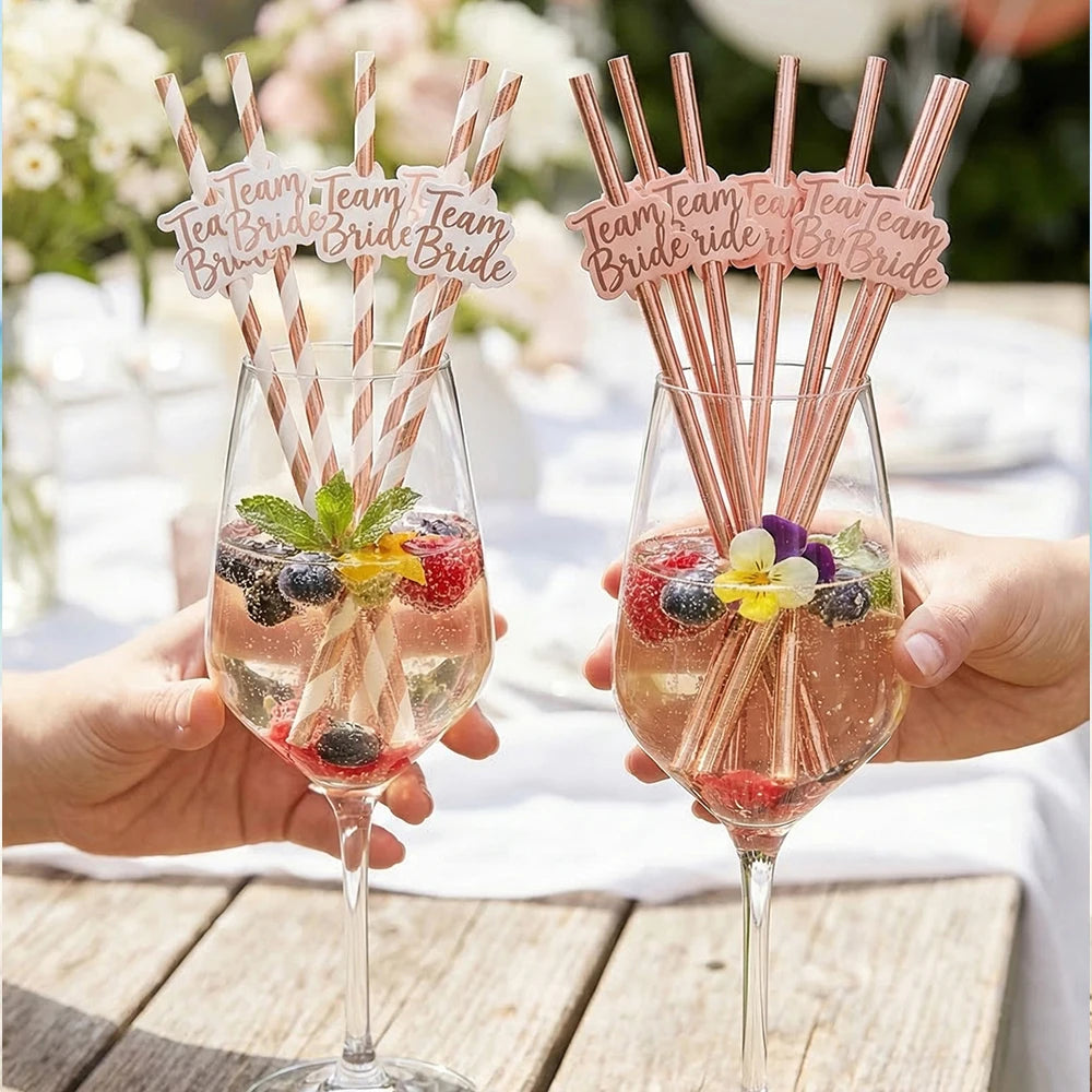 10Pcs Party Straws Team Bride Rose Gold Foil Paper Drinking Straws Bridal Shower Wedding Hen Party Accessories Zpaxo