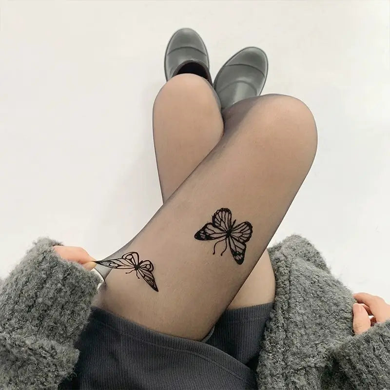 Sexy Women Black Tights Vintage Y2K Butterfly Print Transparent Silk
