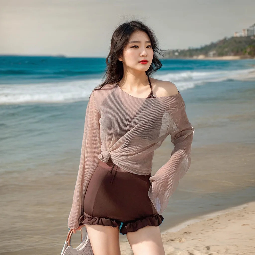 Swimming Suit for Women Solid Color Slimming One-piece Dress Style Conservative Waist Tightening Slimming Vacation Swimsuit Zpaxo B brown 3pcs L