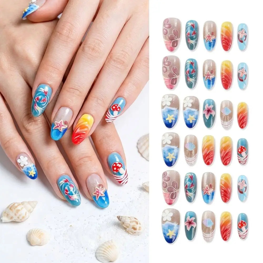 Sweet Ocean Theme Press-on Nails Almond-shaped 3D Flower Gel Fake Zpaxo