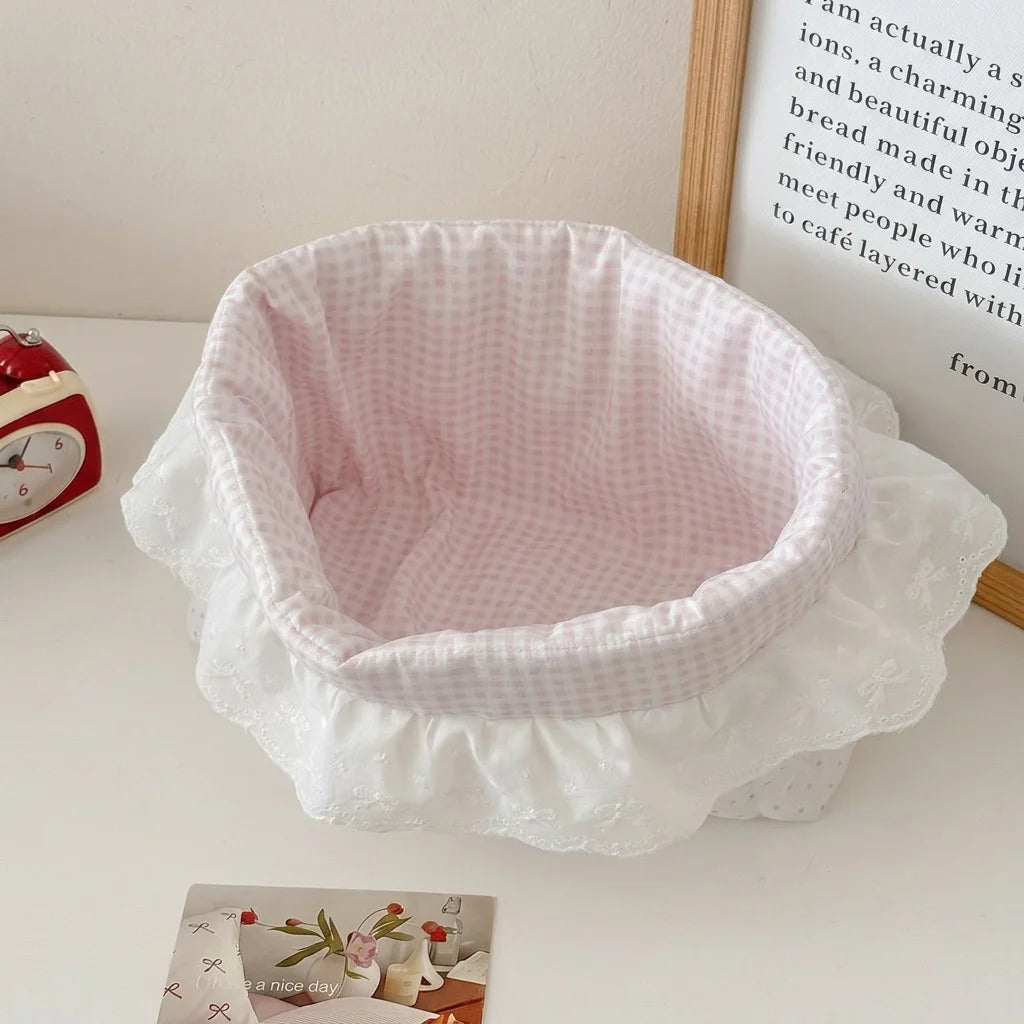 Cotton Fabric Storage Basket | Polka Dot Lace Ruffle Organizer