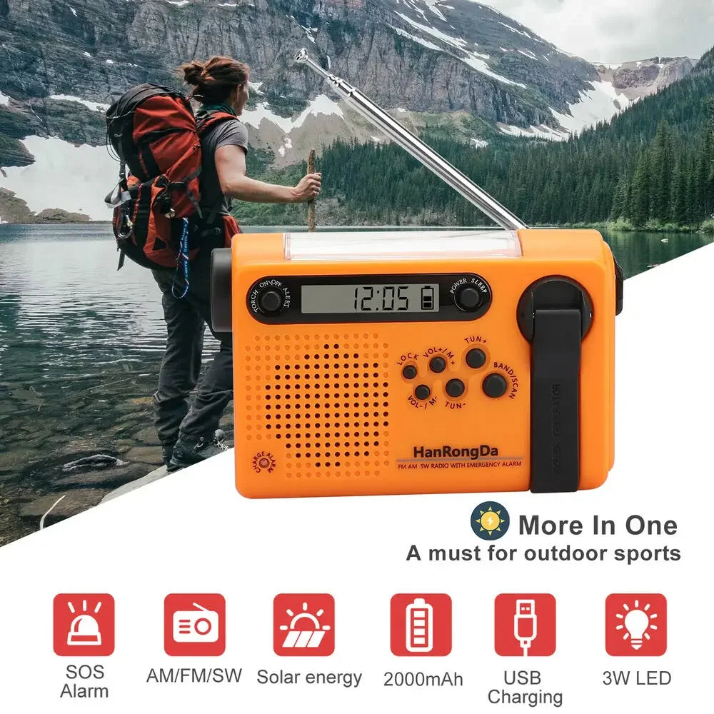 Portable AM FM SW Solar Hand Crank Radio Weather Emergency 1 2000mAh