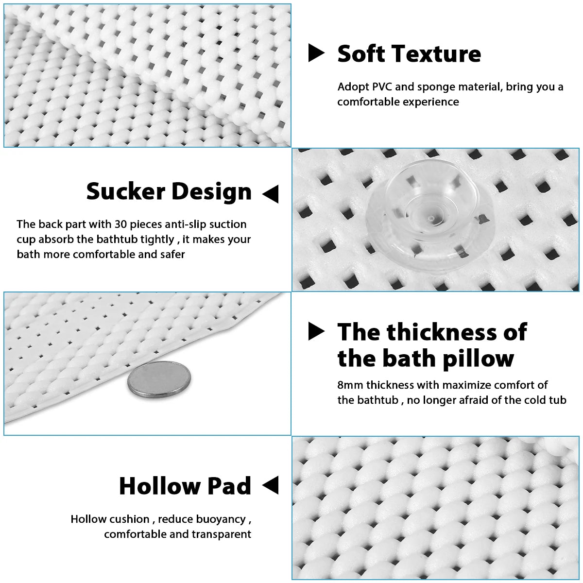 Non-slip Bathtub Cushion Mat with Suction Cup Full Body Rest Bath Pillow SPA Neck Cushion Hangable Bathroom Safety Accessories Zpaxo