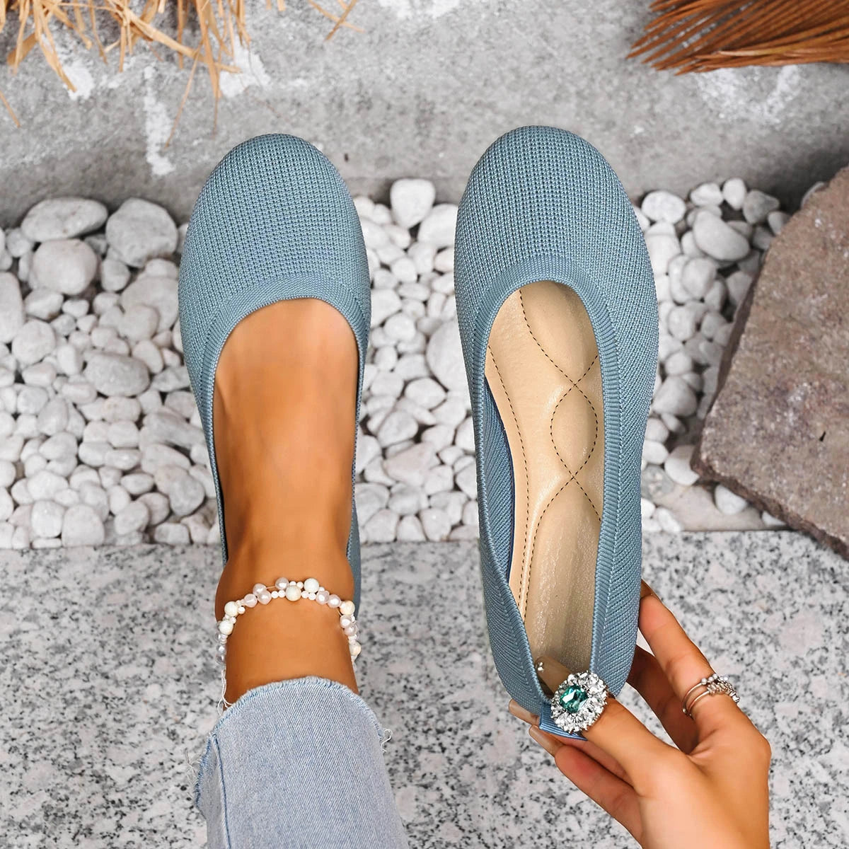 Spring Women Flats Shoes Round Toe Plus Size Light Shoes Knitting Sock Sneakers Breathable Slip on Shoes Female Zapatos De Mujer Zpaxo light blue 36