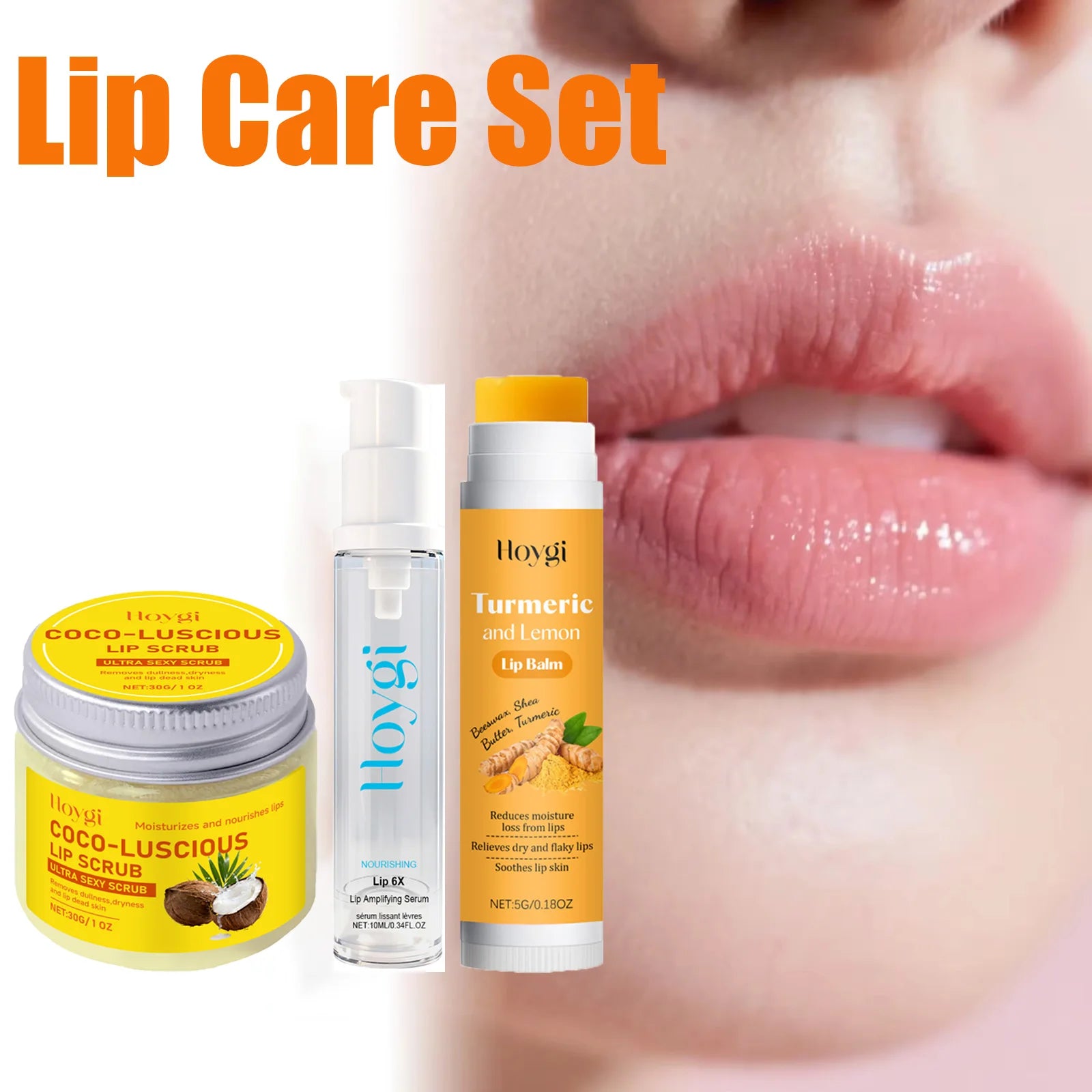 3-in-1 Lip Care Set Turmeric Nourishing Lip Balm Exfoliating Coconut Scrub & Hydrating Plumping Serum for Soft Smooth Lips Zpaxo