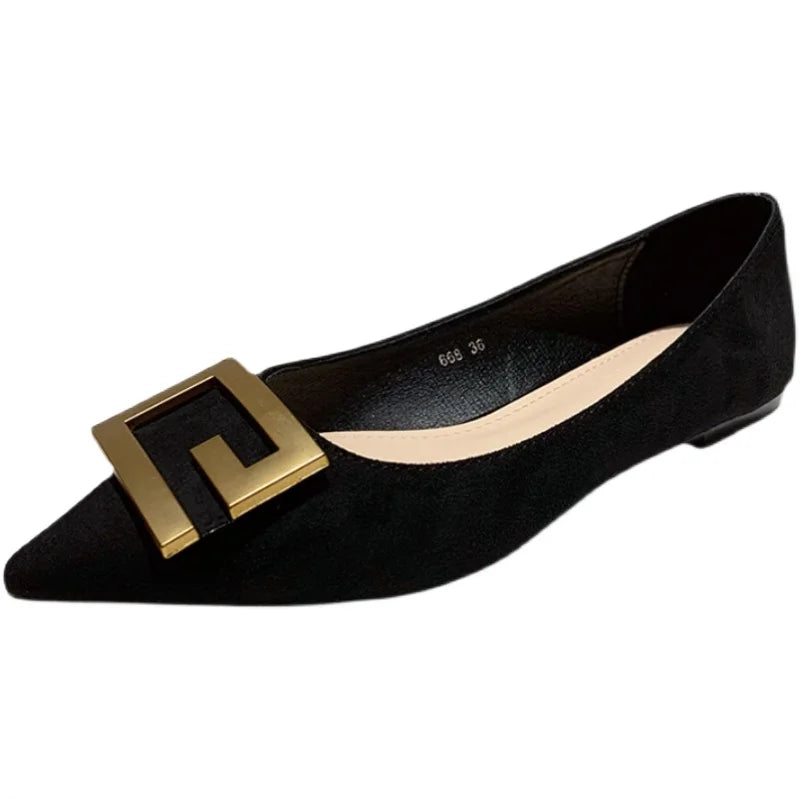 Flat Shoes for Women 2023 New Autumn Spring Pointed Toe Black Metal Buckle Retro Ladies Shoes Loafers Large Size 43 44 45 46 Zpaxo