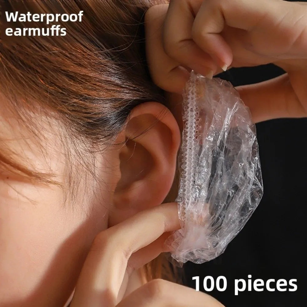 100PCS Plastic Disposable Ear Cover Waterproof Transparent Hairdressing Earmuffs One Size Elastic Hair Dyeing Ear Sleeve Zpaxo