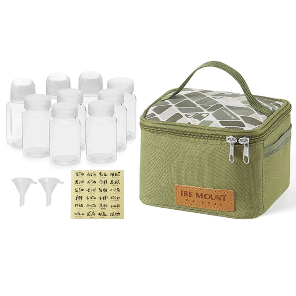 Seasoning Bottle Set Storage Bag Portable Camping Seasoning Dispenser Set Condiment Jars Organizer Outdoor Barbecue Utensils Zpaxo army green