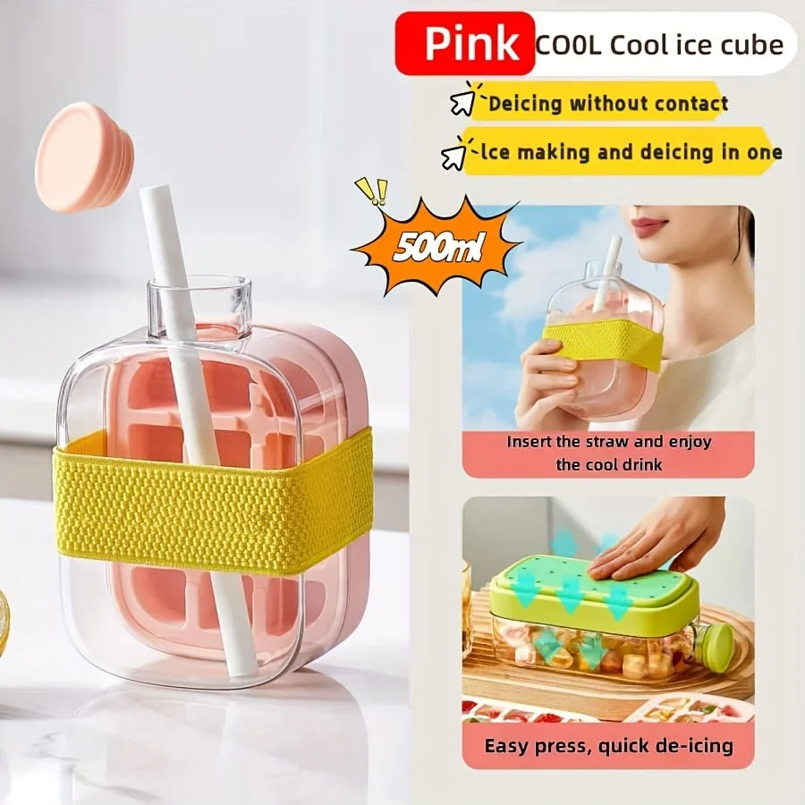 2-in-1 Portable Ice Cube Cup with Straw Quick Release Food-Grade Material for Juice Drinks Cocktails Whiskey Plastic Straw Cup Zpaxo Pink 500ML 1 PCS
