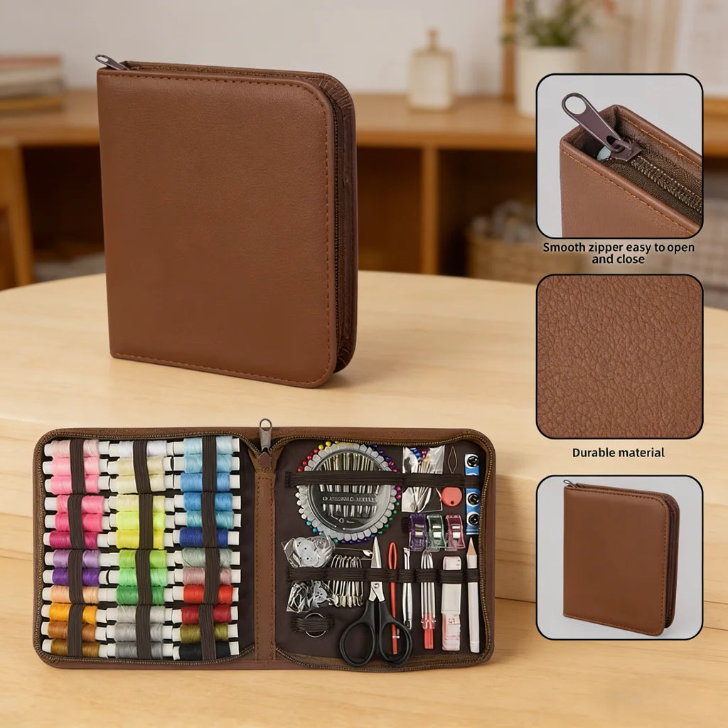 170-Piece Brown Rectangular Sewing Kit, Printed Pattern Home Sewing Set, Portable Travel Sewing Set, DIY Hand Tools Zpaxo