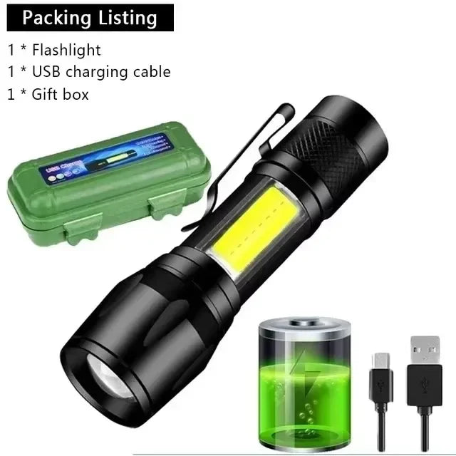 COB+XPE Mini LED Pocket Flashlight | USB Rechargeable Zoomable Torch