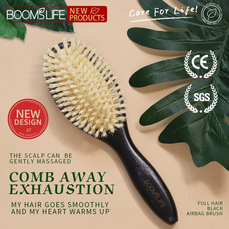 BOOMSLIFE Black Color Boar Bristle Hair Brush Custom USA Oak Wood Comb Women Scalp Massage Detangle Hair Comb Barber Accessories Zpaxo