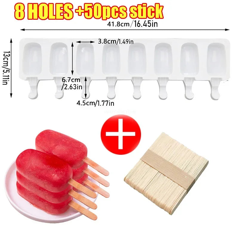 Silicone Ice Cream Mold DIY Chocolate Dessert Popsicle Moulds Tray Ice Cube Maker Homemade Tools Summer Party Supplies Zpaxo 8Hole 50PCS-sticks
