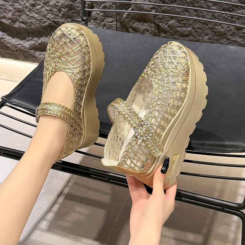 Weaving Women's Round Closed Toe Hollow Out Breathable Heel Sandals Zpaxo Gold 35