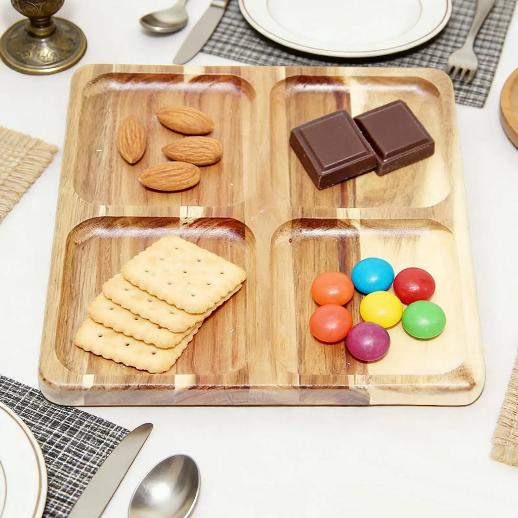 Divided Serving Tray Wooden Square Food Dish Veggie Platter Appetizer