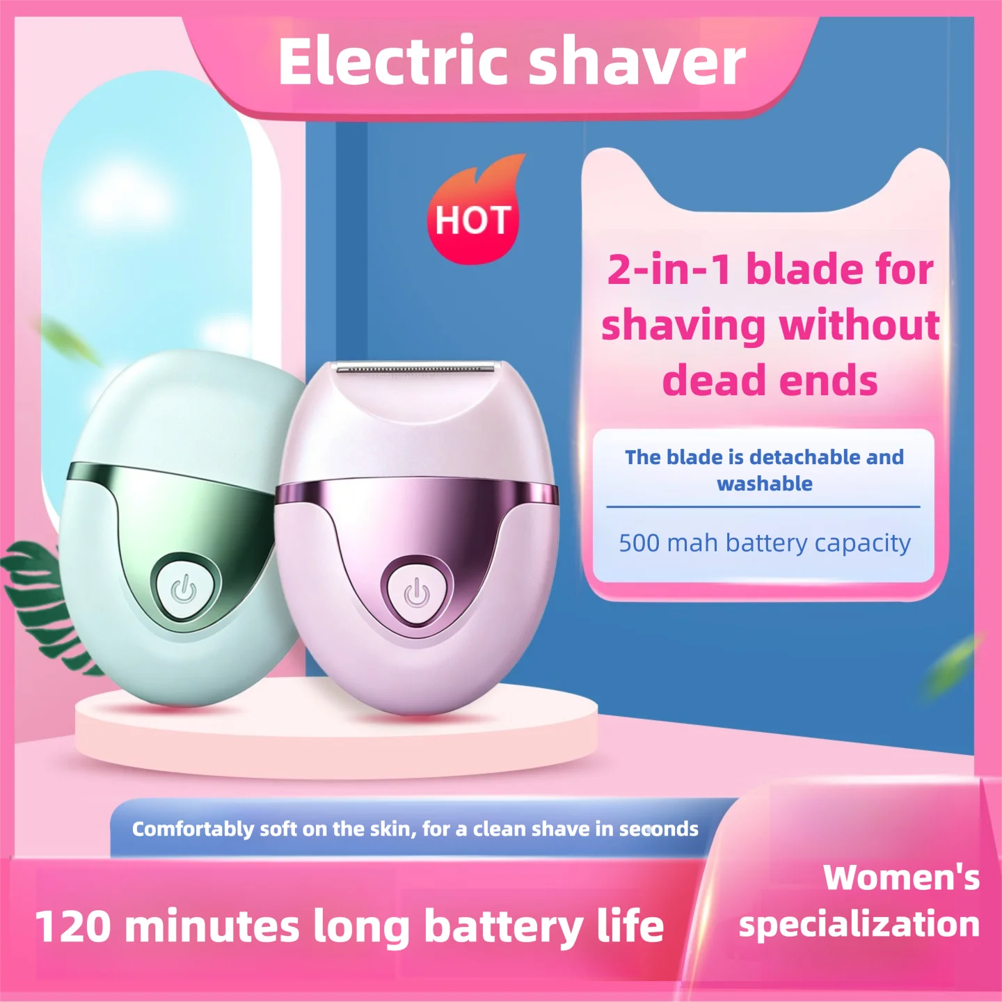 2-in-1 Women's Pink Shaver Private Trimer Full Body Female Electric