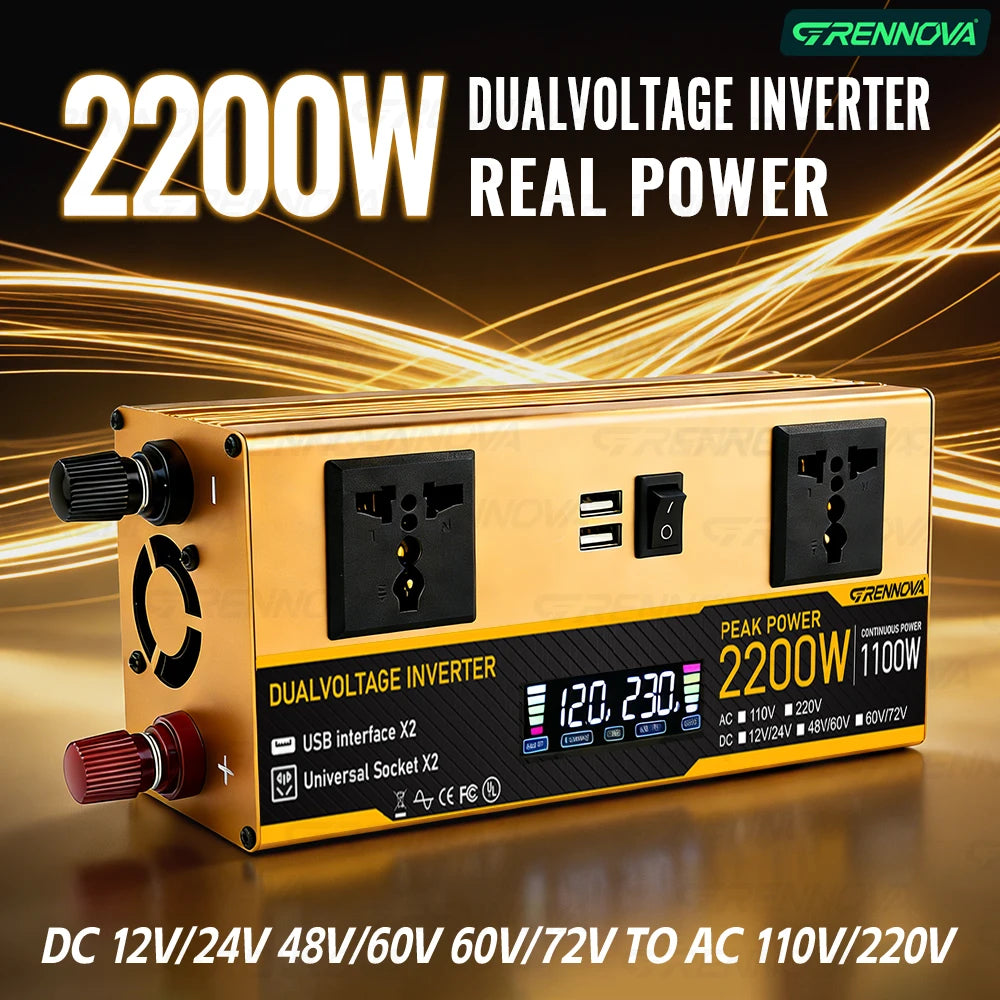 2200W Dual Voltage Power Inverter 12V/24V/48V/60V/72V DC to 110V/220V AC w/ LCD Screen CE FCC Certified for RV &Solar Off-Grid Zpaxo