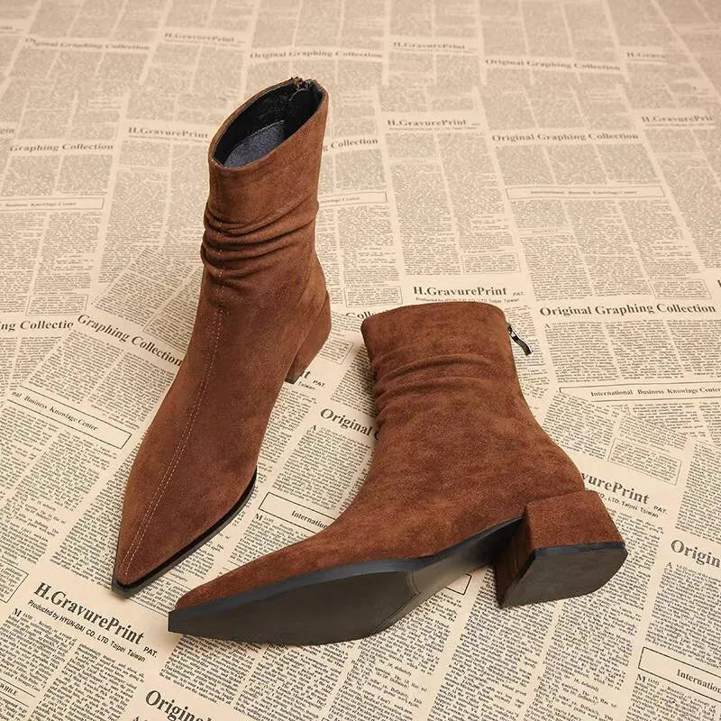 Autumn Winter Women Sock Ankle Boots Elegant Keep Warm Short Booties Women Fashion Square Heel Shoes Ladies Zapatos De Mujer Zpaxo Brown 37