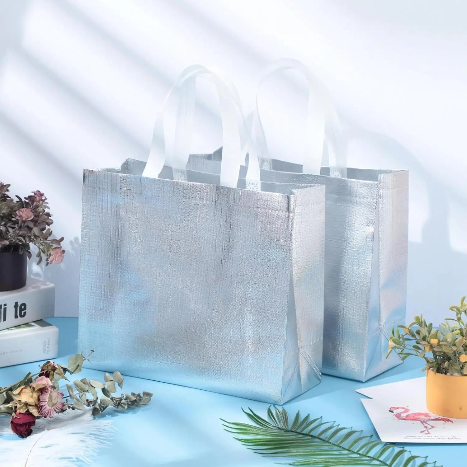 Silver Reusable Gift Bags with Handles – 4/6/8-Pack