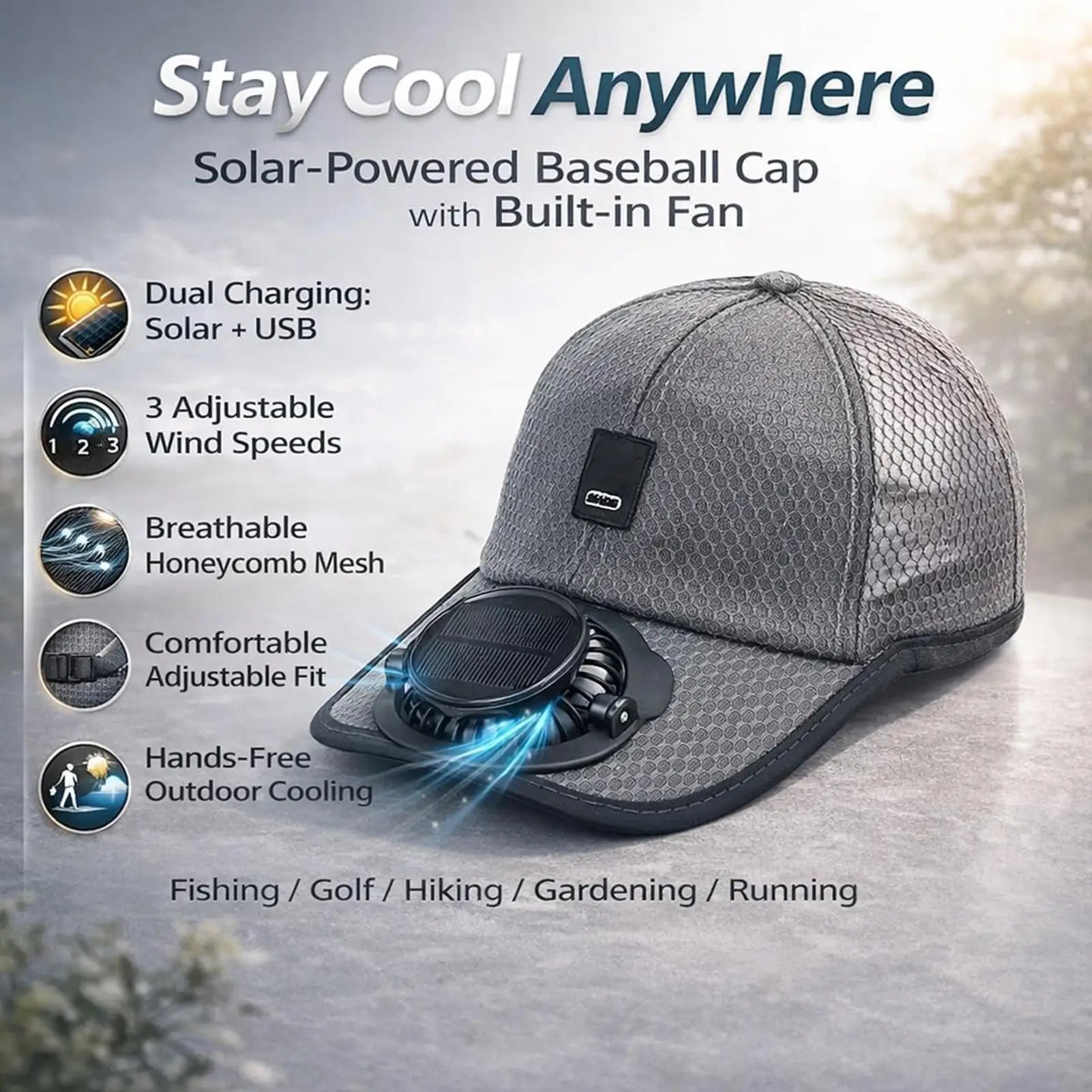 Solar Fan Baseballs Cap Wind Blower Sun Protection Headwear USB