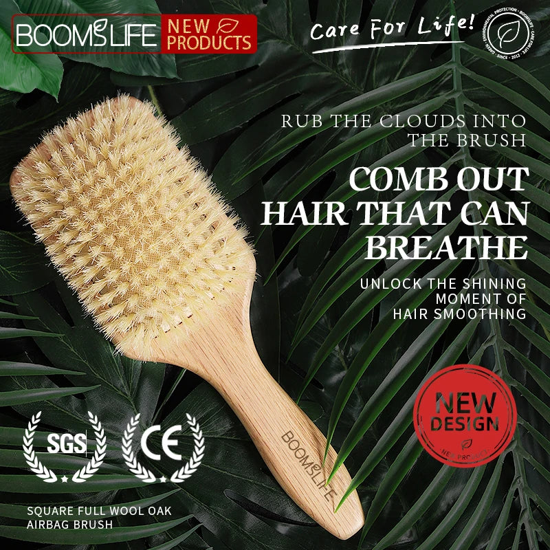 BOOMSLIFE Boar Bristle Hair Brush Square Paddle Scalp Massage Hairbrush USA Oak Wood Comb for Hair Women Barber Beauty Hair Care Zpaxo