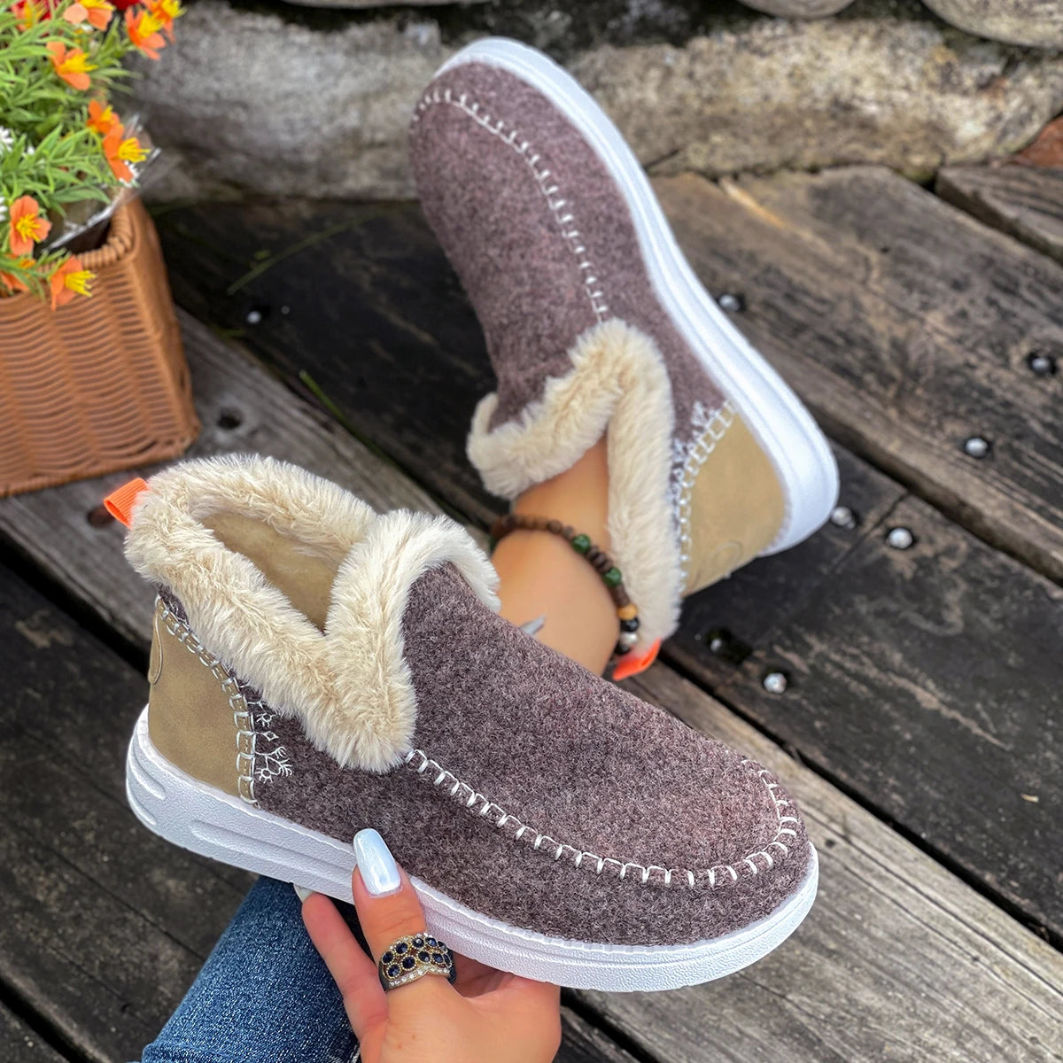 Women Cotton Shoes New 2025 Slip-On Winter Boots Thickened Fluff Lined Flat Bottom Snow Boots Warm Round Toe Leisure Shoes Zpaxo Coffee color 40