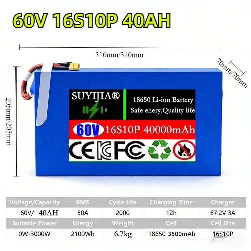 60v 40Ah Lithium Battery Pack 16S4P-16S10P 18650 500-2500W High Power Electric Vehicle Scooter Motorcycle Tricycle 67.2V Charger Zpaxo
