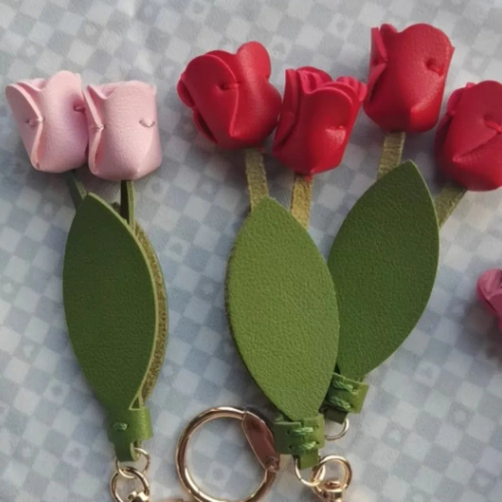 Cute Sweet Tulip Bag Pendant Dopamine Korean Style Car Key Chains PU Leather Bag Charms Floral Lanyard Lady Zpaxo