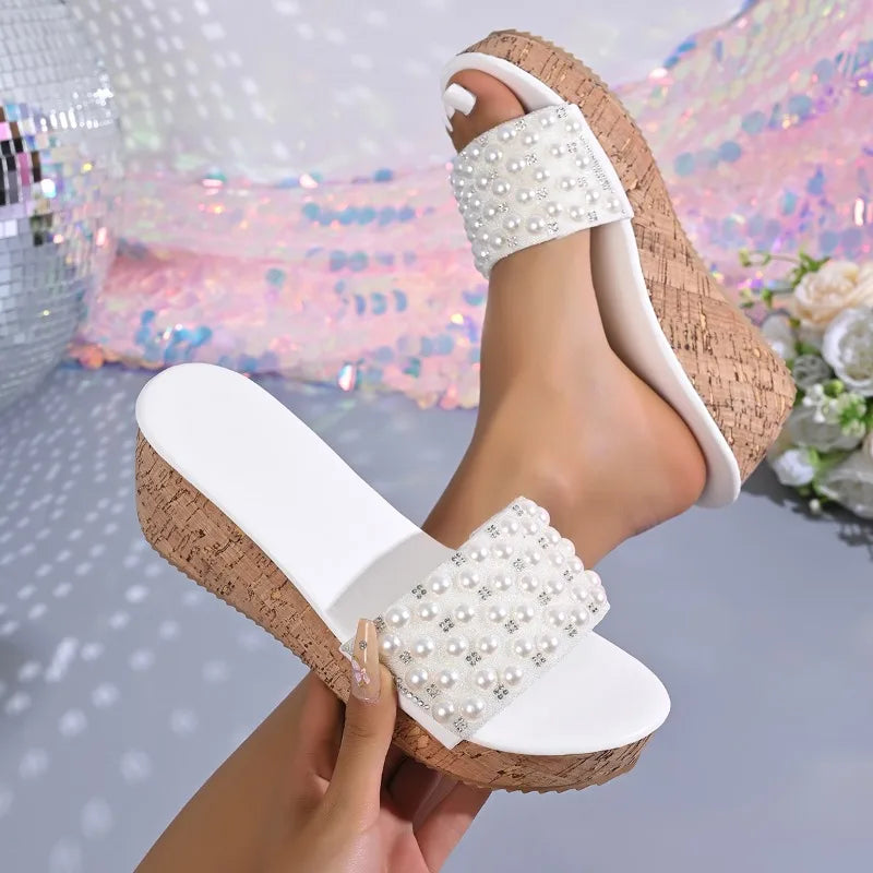 Women's Fish Mouth Open Toe Pearl Embellishment Wedge Heel Slippers Zpaxo WHITE 43