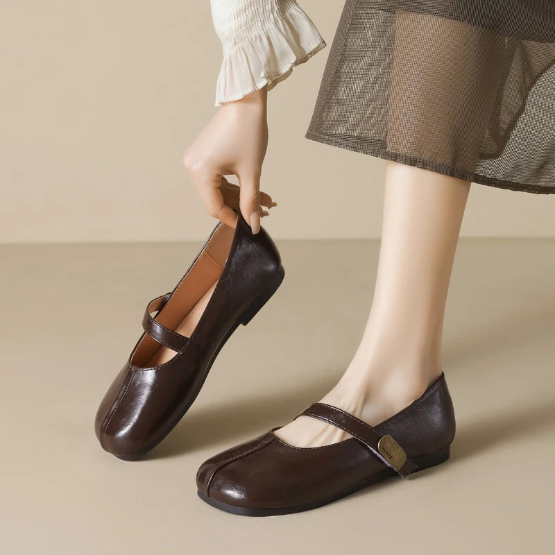 Women Round Toe Soft Sole Single Shoes 2025 Spring Flat One Strap Zpaxo